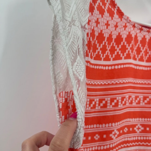 Prana Top Women XS Orange Aztec Short Cap Sleeves Sheer Lightweight Embroidered - Picture 3 of 9